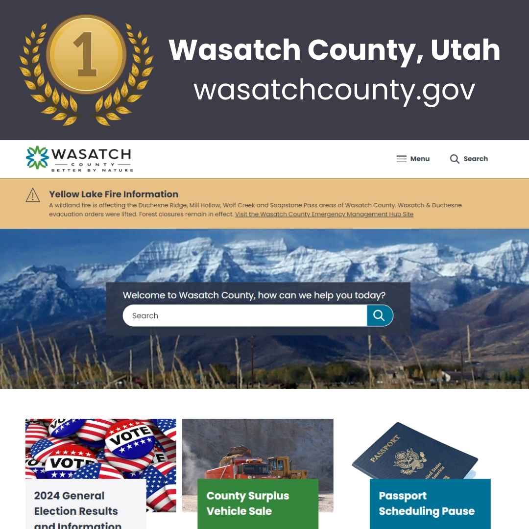 Wasatch County website homepage with first place ribbon.